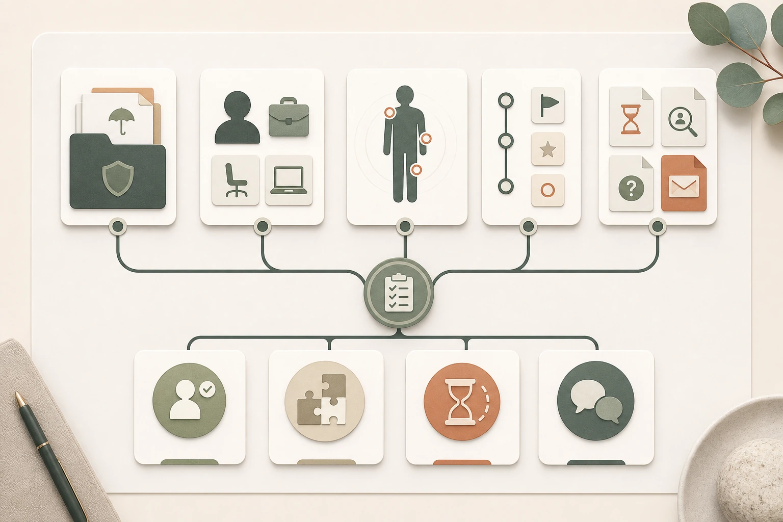 Text-free first-enquiry triage map showing policy details, work status, functional limits, timeline, claim status, and urgent TPD issue signals.