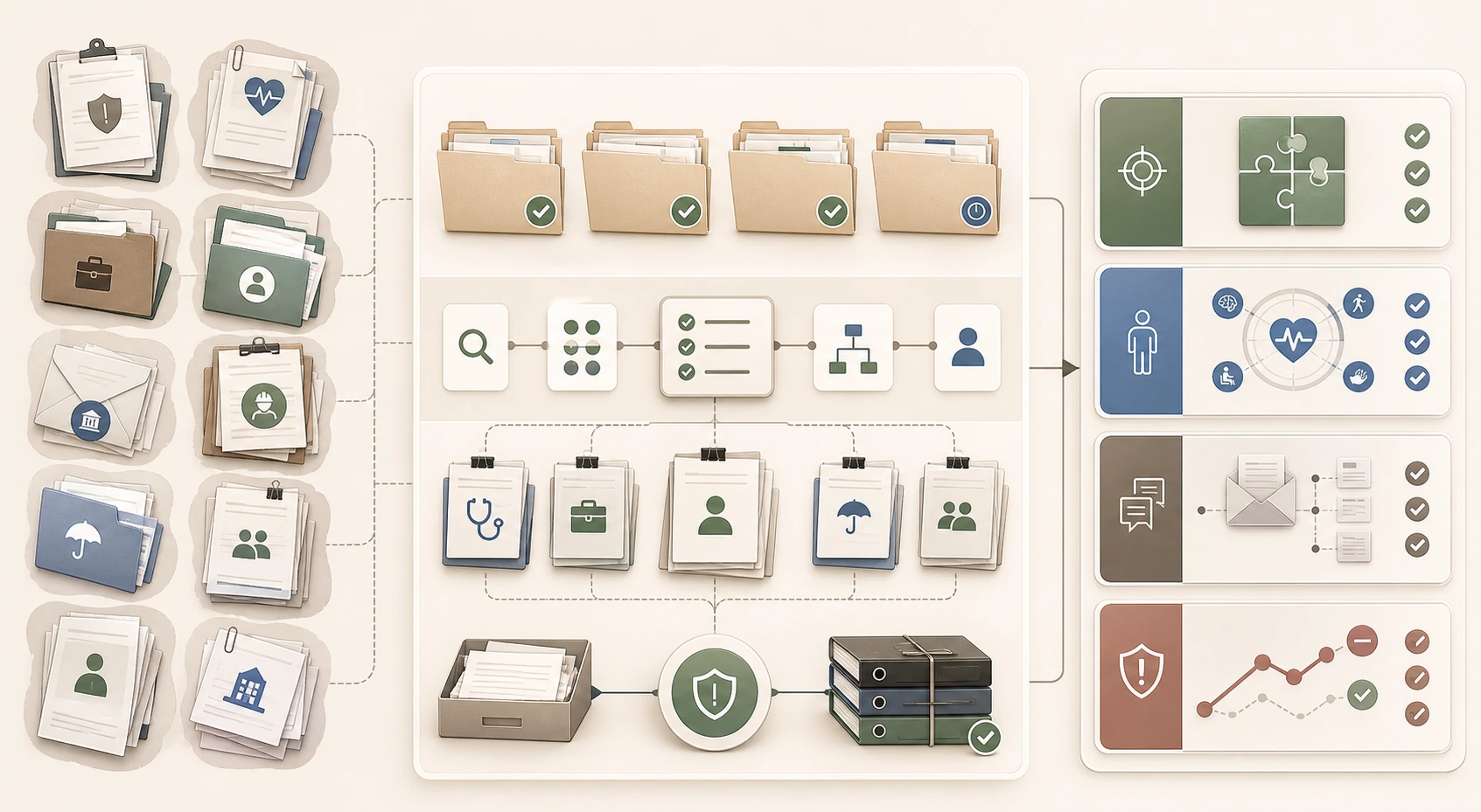 Text-free risk triage map showing TPD policy review, medical and work evidence alignment, correspondence control, and rejection-response planning.