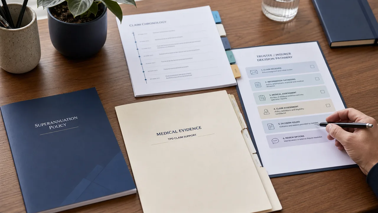 Superannuation policy, medical evidence, claim chronology and trustee decision pathway prepared for a TPD claim review.