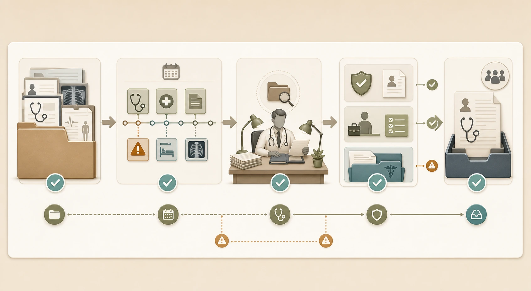 Text-free medical handover panel showing old treatment records, a chronology, new doctor review, work-capacity evidence, and insurer requests staying connected during a TPD claim.