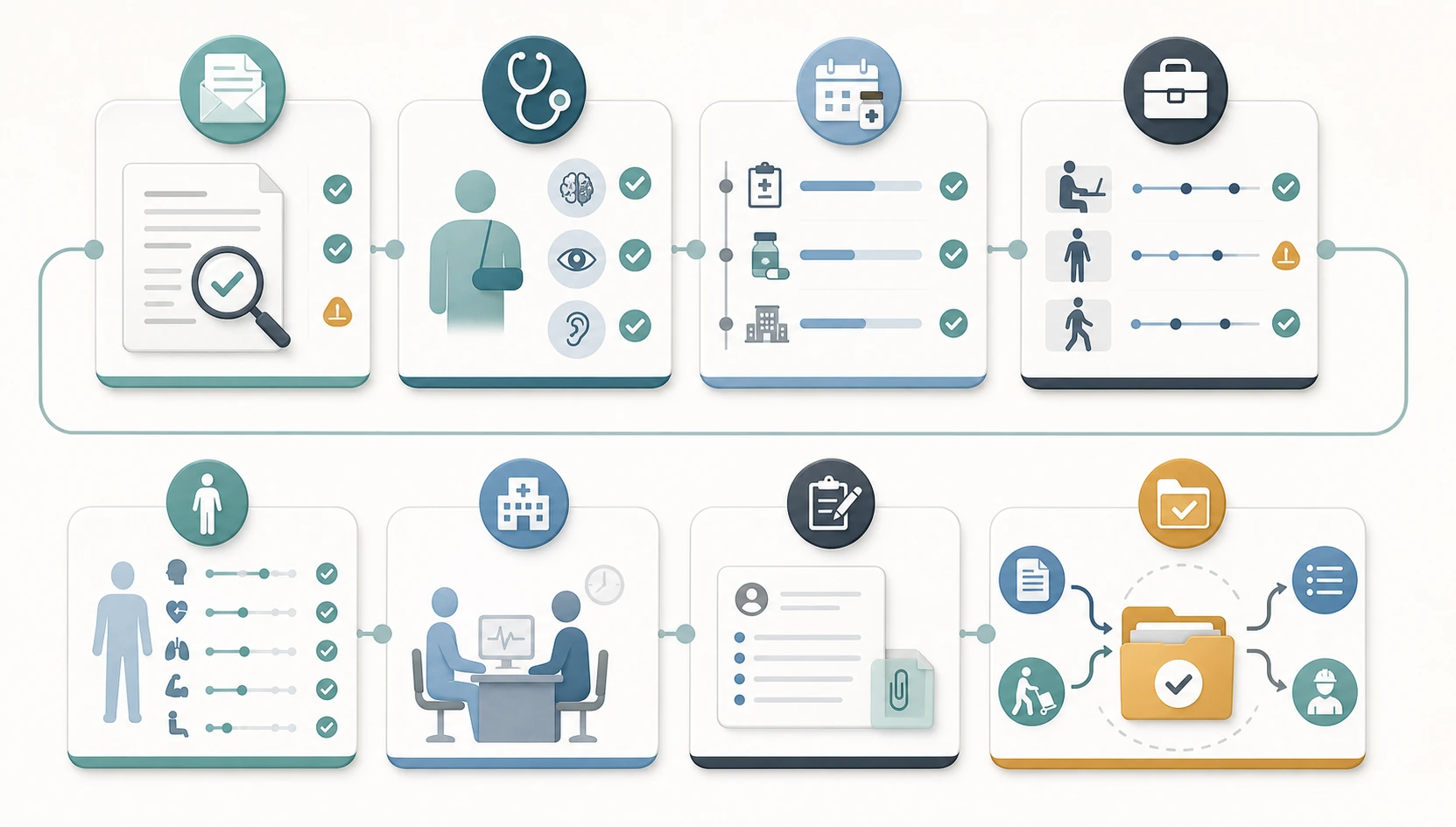 Five-step IME preparation map linking appointment checks, evidence alignment, functional answers, file notes and correction response to the policy test.